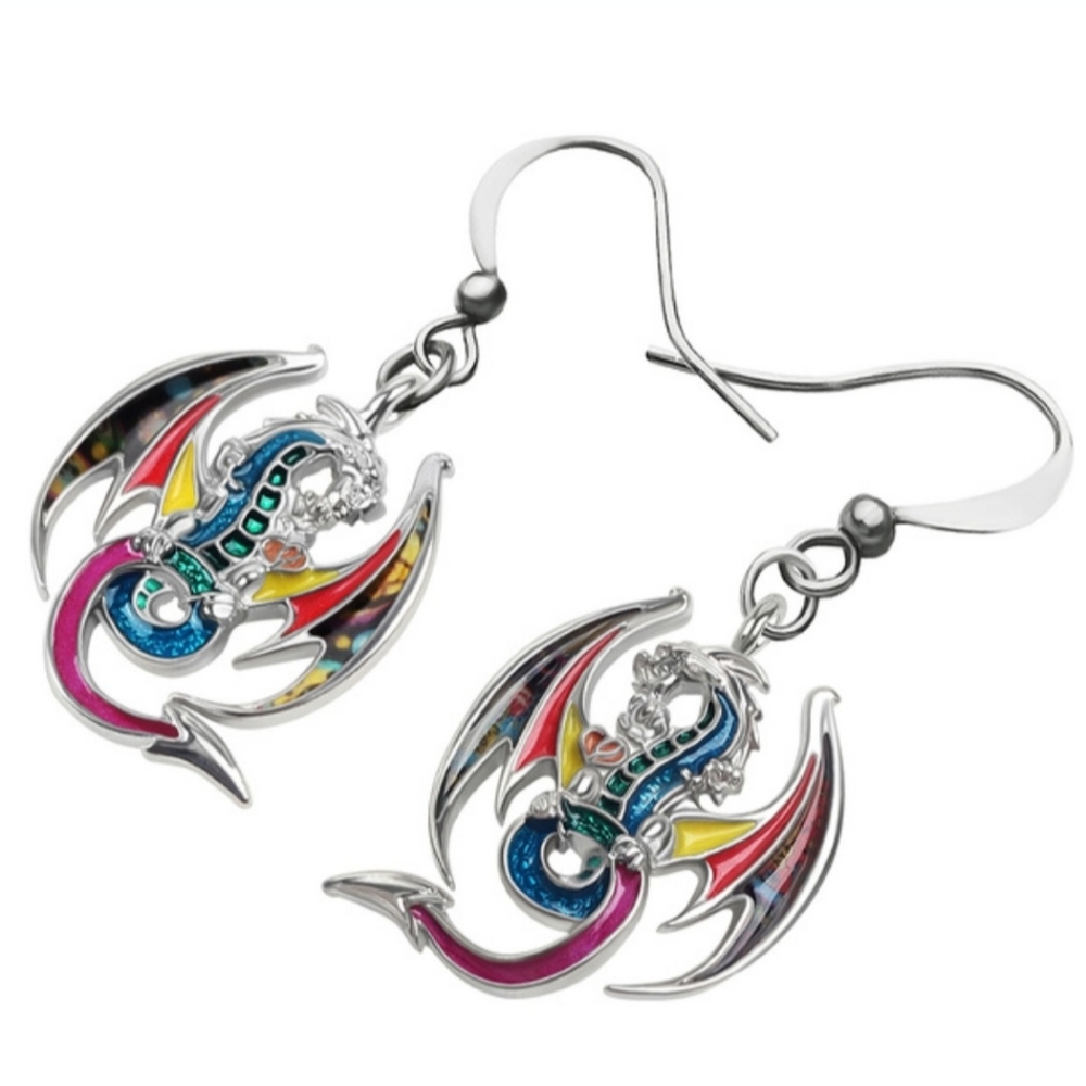 Dragon Dangle Earrings, Enamel Alloy Earrings, 3.3 cm. - Picture 7 of 8